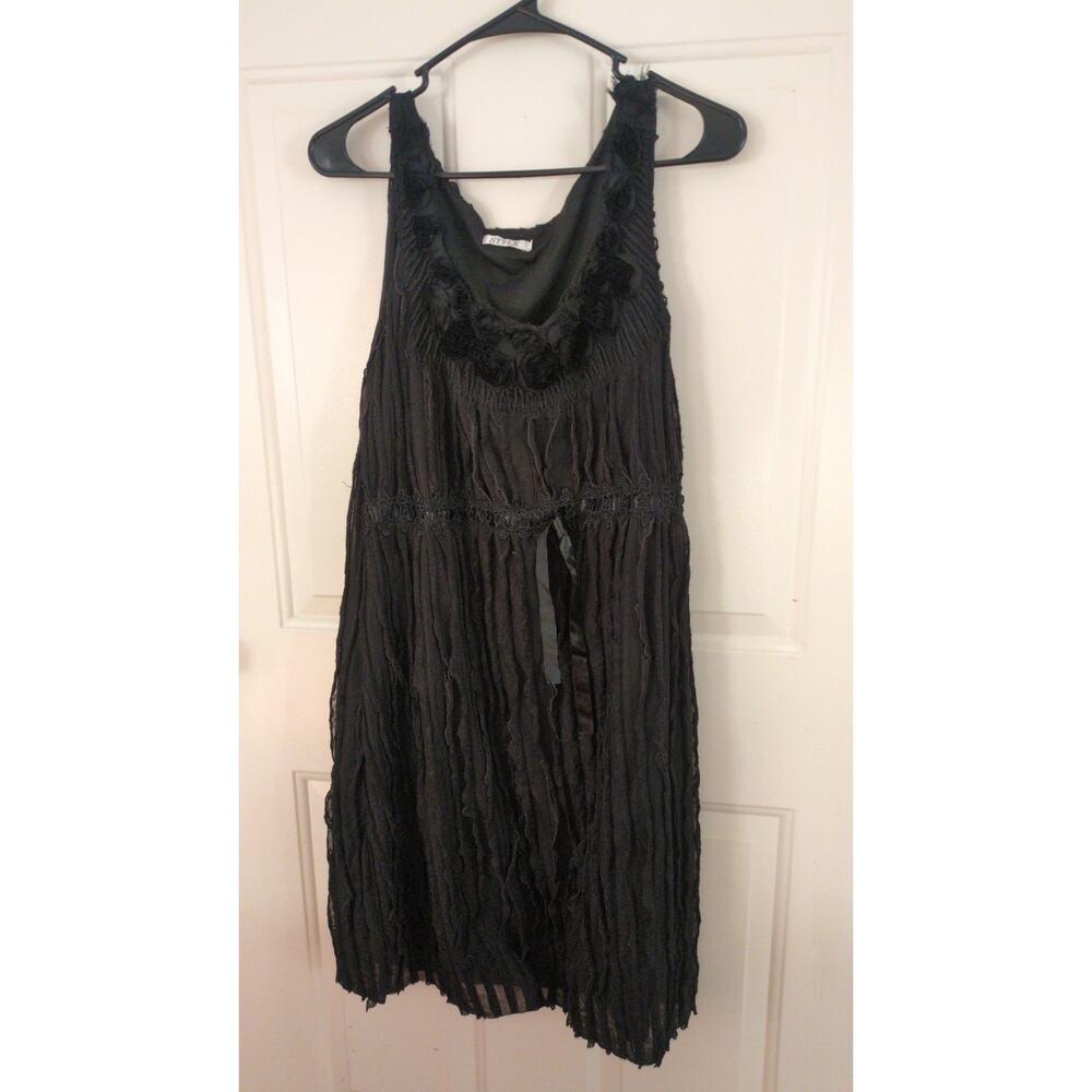 Women's Black BabyDoll Dress with Rosettes and Ribbon Tie Medium, Gauzy, Witchy